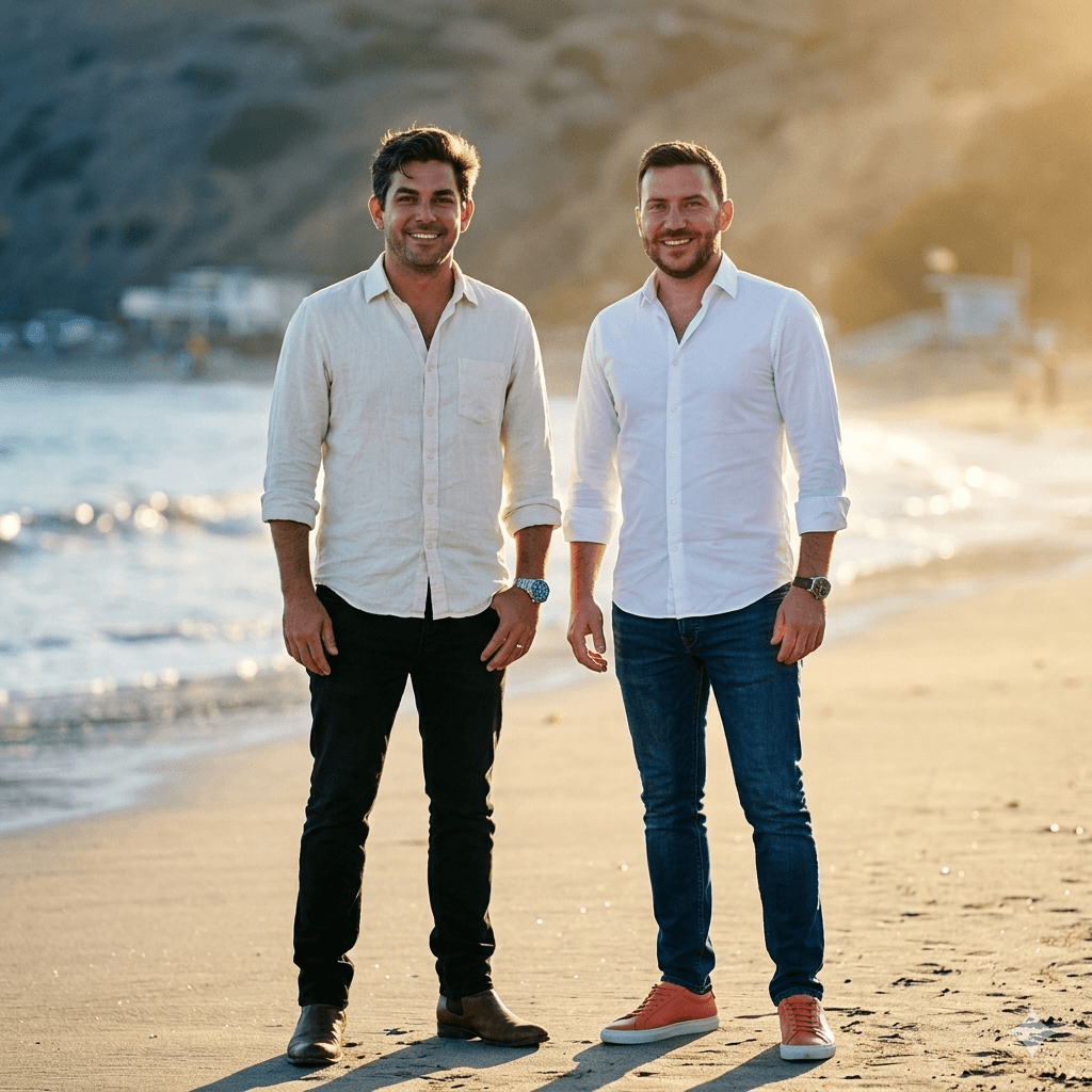 Stephen James Gary and Roman Cantelearist, co-founders of James Roman Advisory, on the Malibu coastline